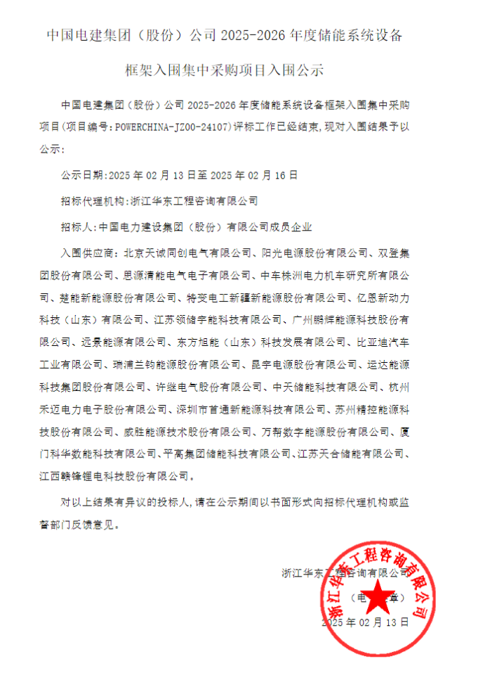 中标 | 27家企业入围中电建2025-2026年度16GWh储能系统集采
