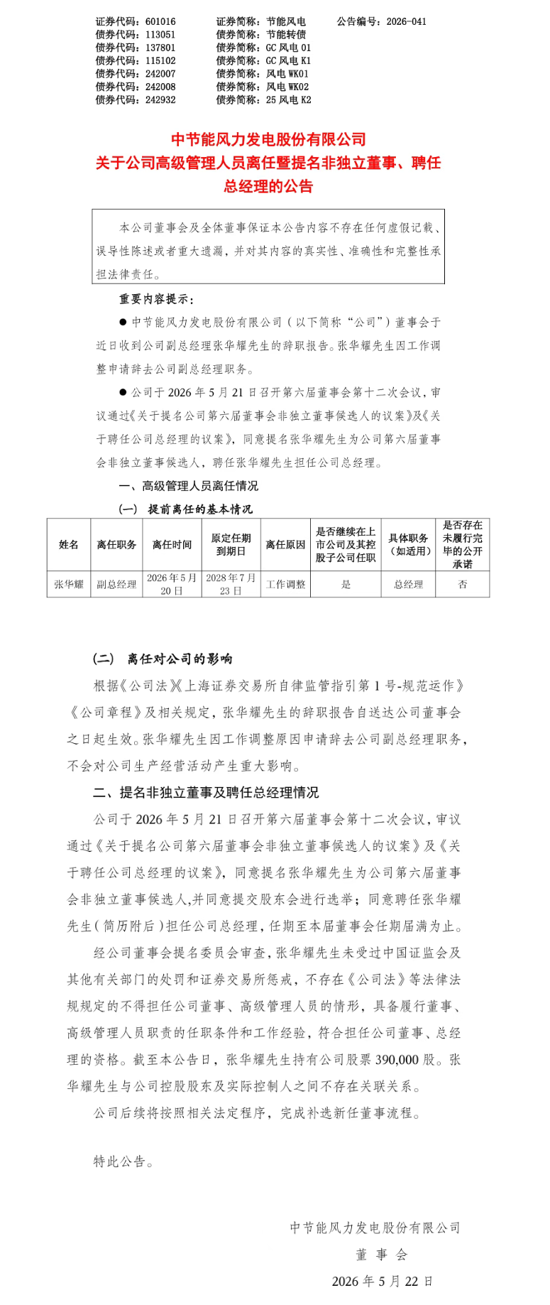 张华耀任节能风电总经理