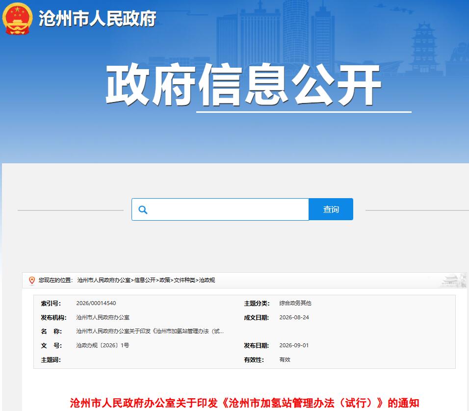 沧州市人民政府办公室关于印发《沧州市加氢站管理办法（试行）》的通知_沧州市人民政府办公室