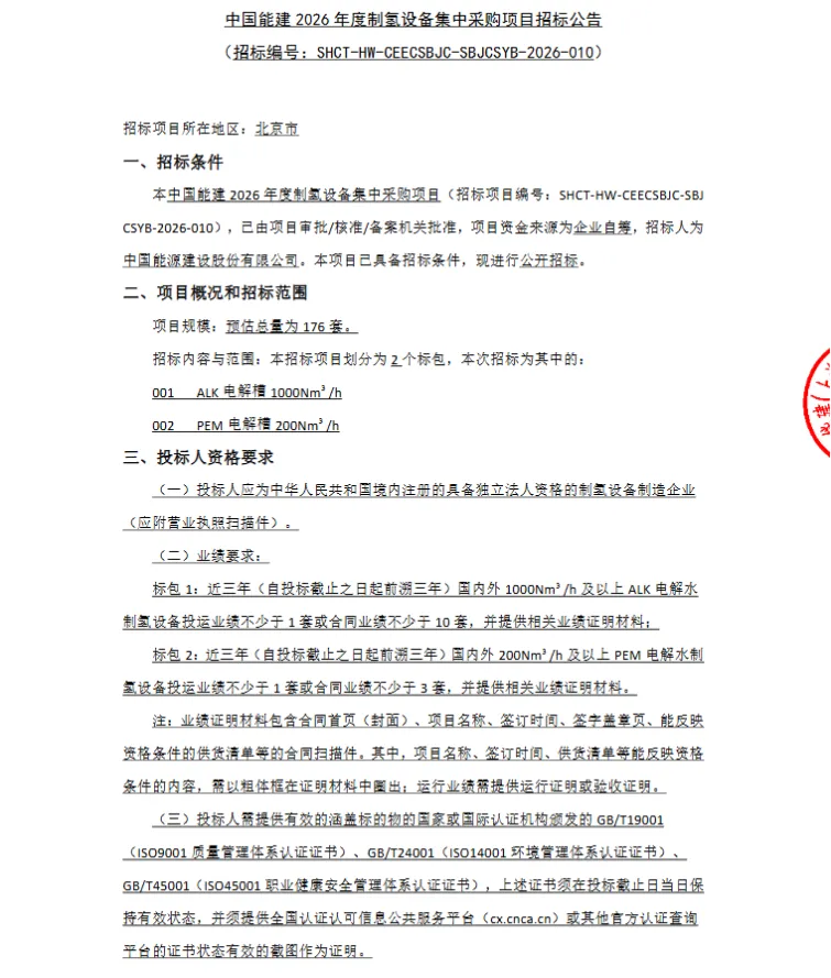 招标 | 中国能建：176套ALK+PEM电解槽采购招标