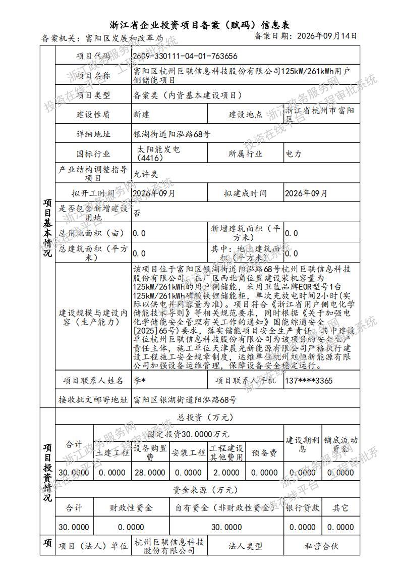 富阳区杭州巨骐信息科技股份有限公司125kW/261kWh用户侧储能项目获备案
