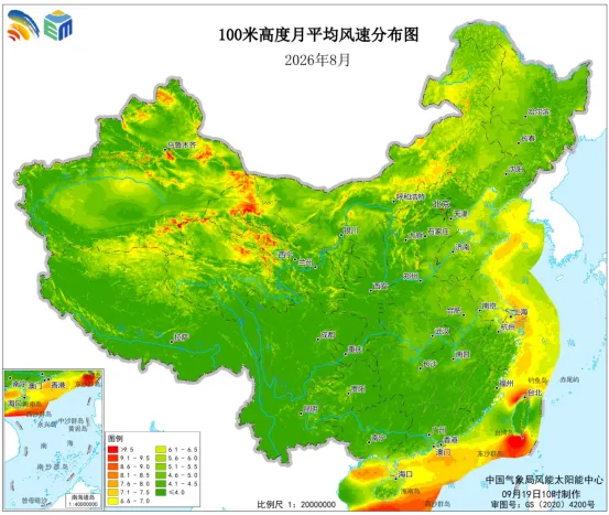 2026年8月全国风能资源：100米高度陆地平均风速为4.5m/s，海上区域平均风速为7.4m/s