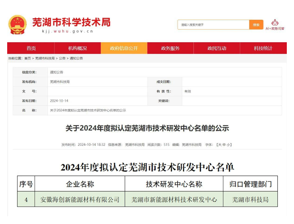 海创新能源上榜芜湖市技术研发中心名单