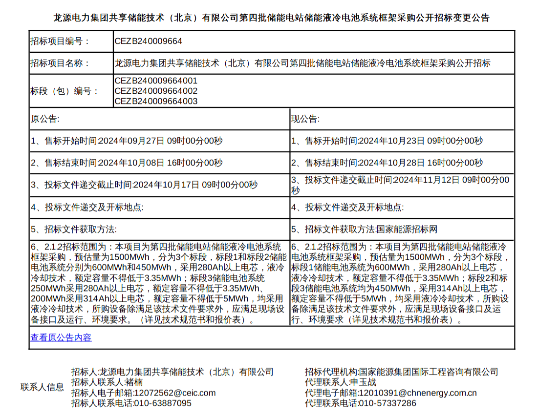 1.5GWh！龙源电力第四批储能电站储能液冷电池系统框架采购招标变更