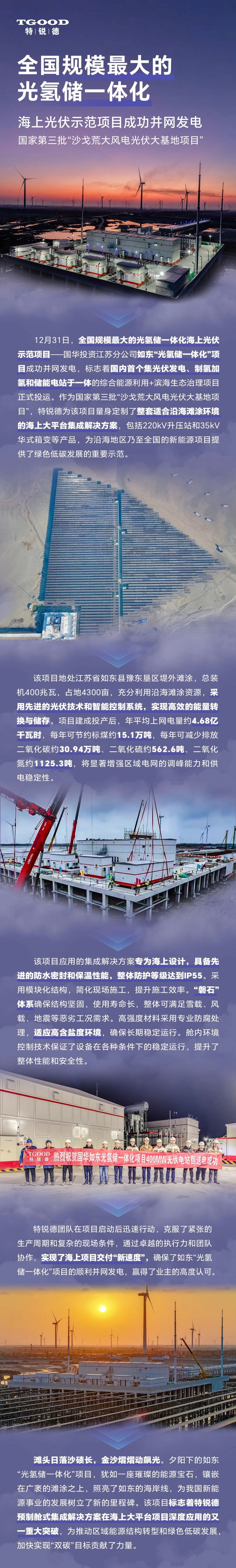 特锐德助力全国规模最大的光氢储一体化海上光伏示范项目并网发电