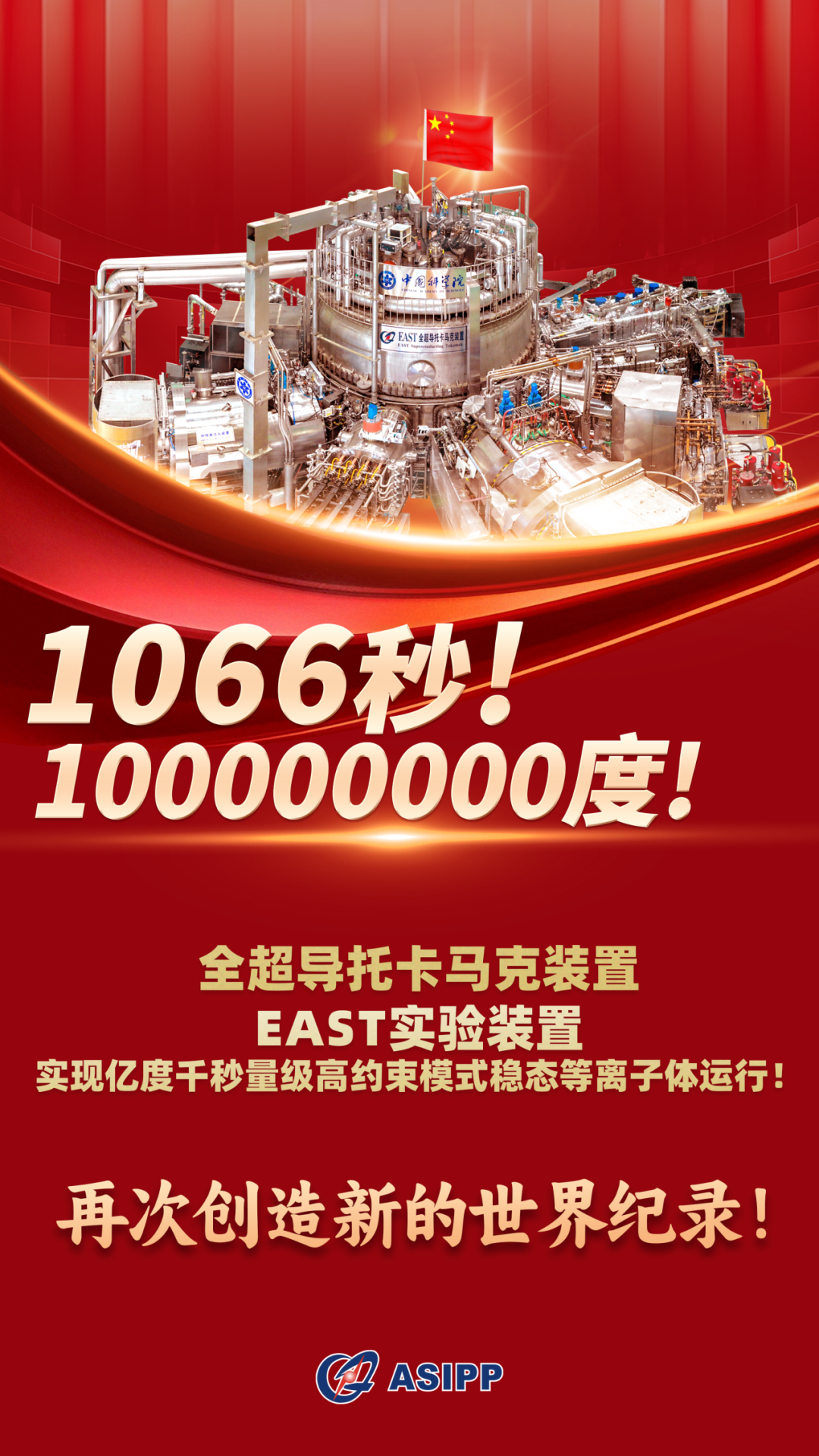 EAST装置实现亿度千秒高约束模等离子体运行！