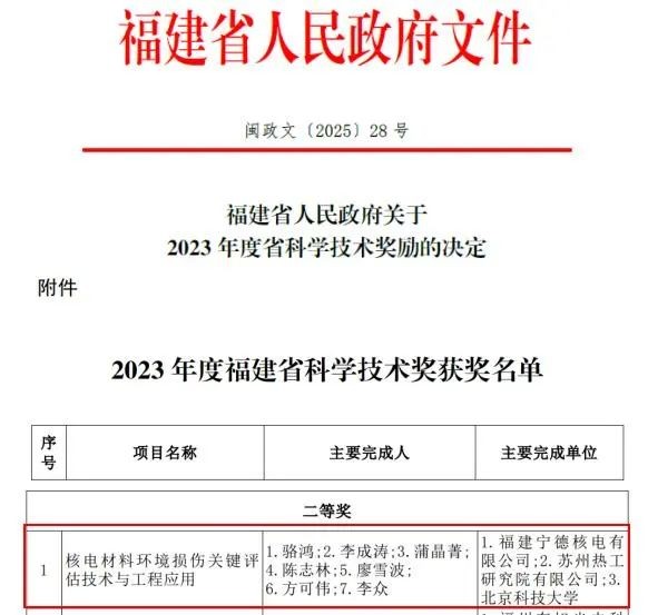 宁德核电首次荣获福建省科学技术进步奖二等奖