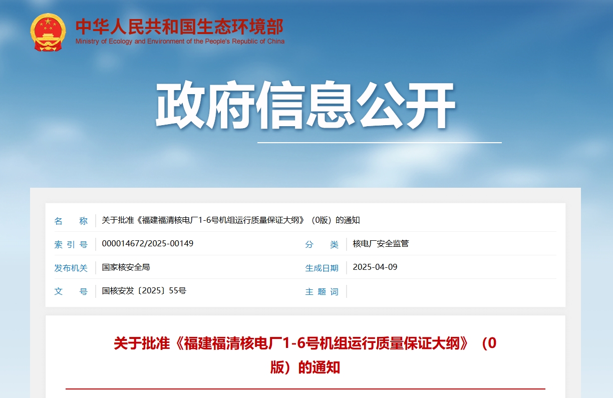 关于批准《福建福清核电厂1-6号机组运行质量保证大纲》（0版）的通知