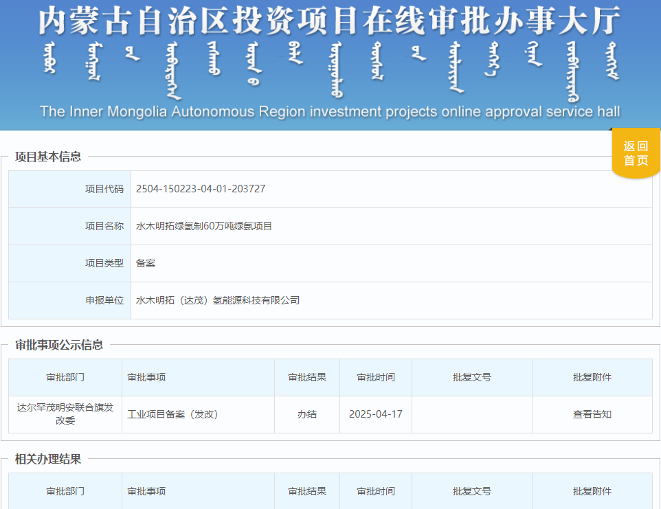 总投资12亿元！内蒙古水木明拓绿氢制60万吨绿氨项目备案
