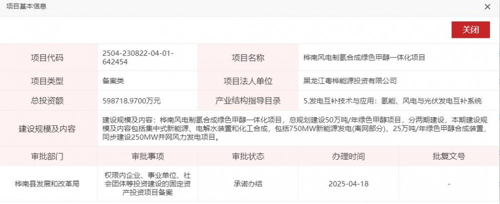 规划50万吨/年！黑龙江桦南风电制氢合成绿色甲醇一体化项目备案