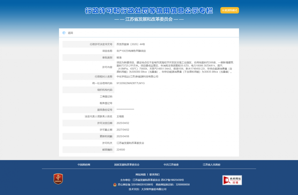 江苏年产100万吨绿色甲醇项目获核准