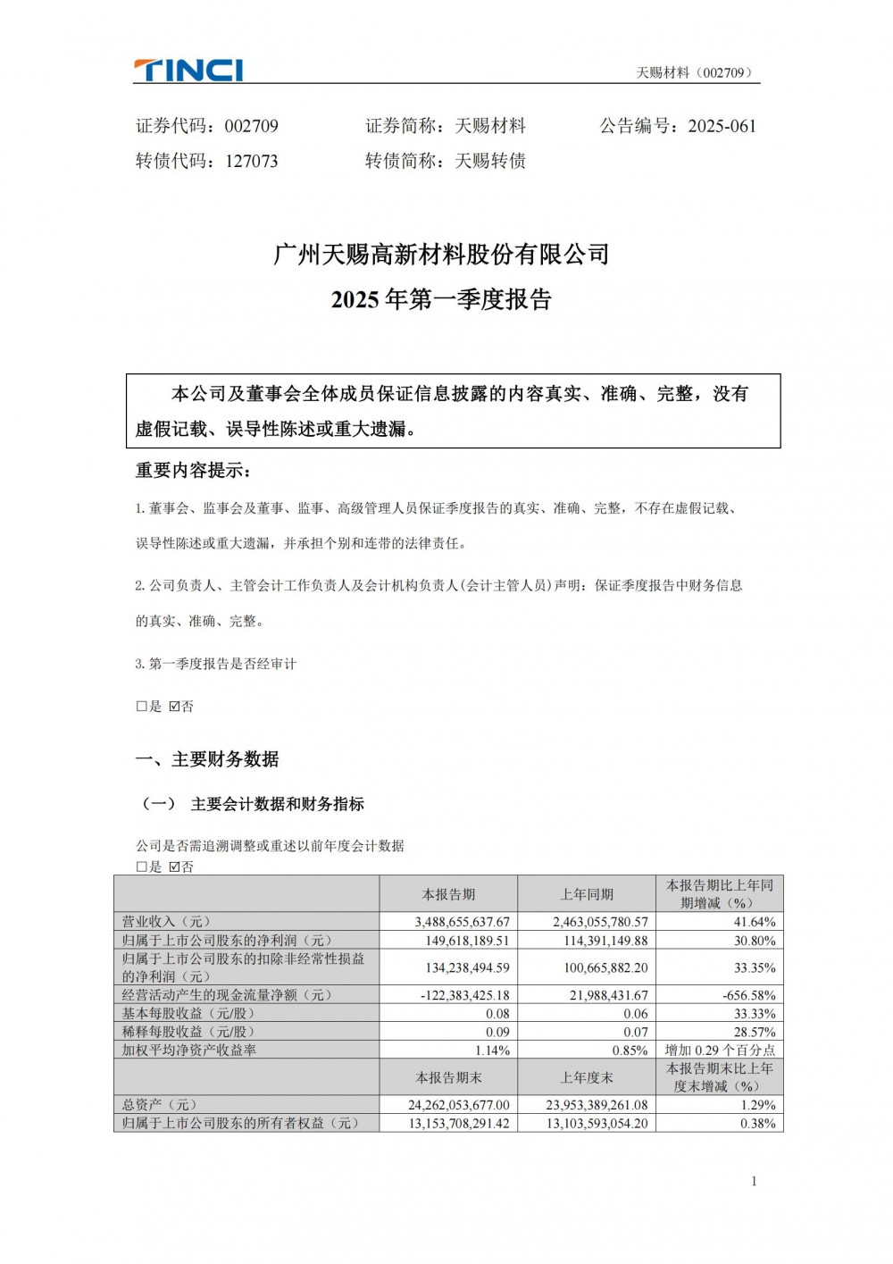 天赐材料2025年一季度净利润1.5亿元 同比增长30.8%