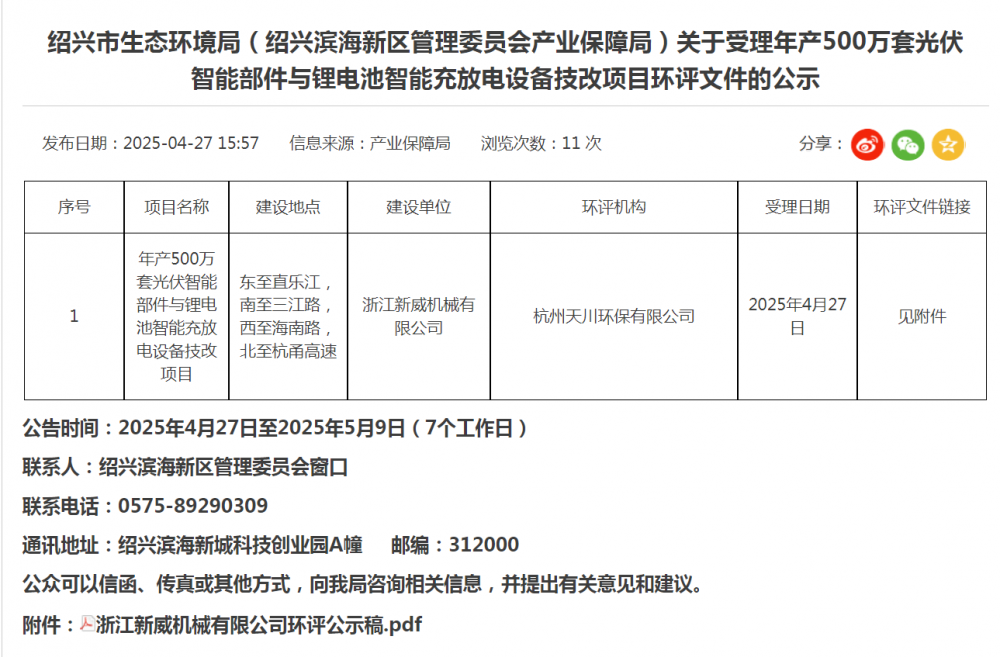 年产500万套光伏智能部件与锂电池智能充放电设备技改项目落户浙江绍兴
