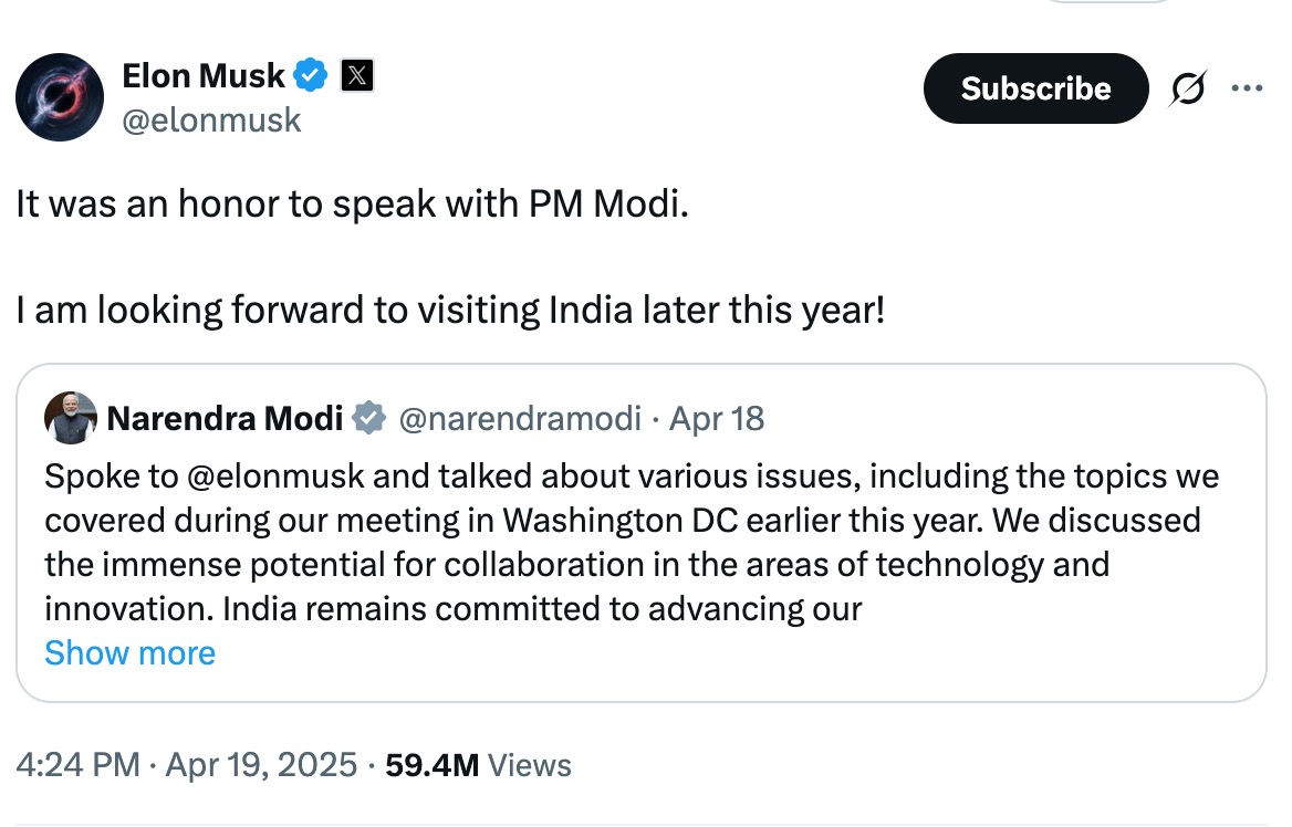 马斯克今年将访问印度，或加快特斯拉进军印度的步伐