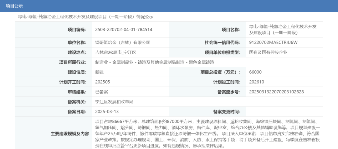 总投资6.6亿元！吉林松原绿电-绿氢-纯氢冶金项目正式开工