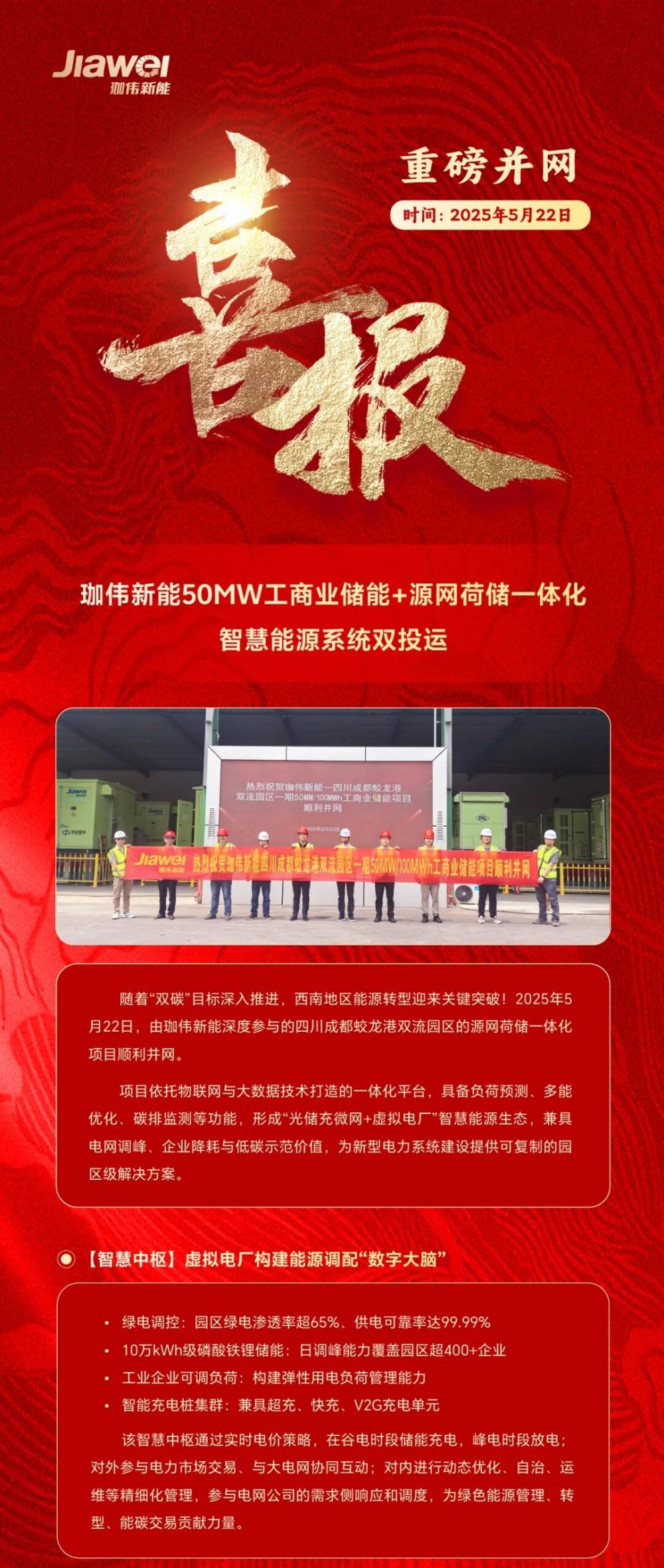 重磅并网 | 珈伟新能50MW工商业储能+源网荷储一体化智慧能源系统双投运