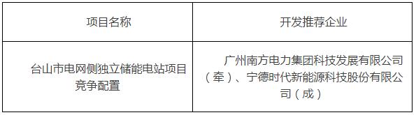 南方电力集团&宁德时代入围！广东省台山市电网侧独立储能电站项目竞争配置结果公示