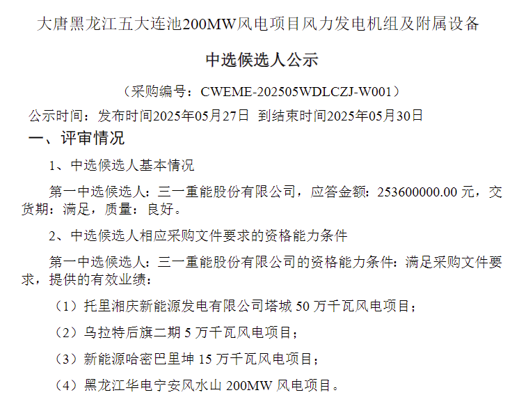 三一重能预中标大唐黑龙江200MW风电项目