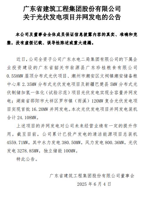 广东建工：已投产独立储能100MW