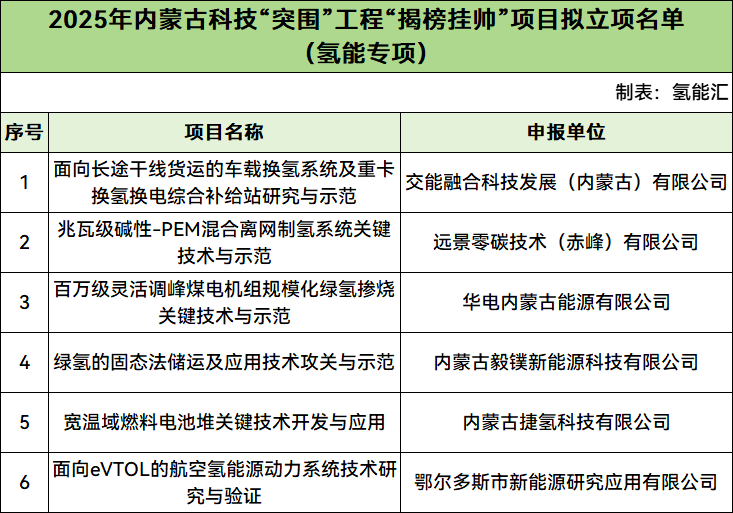 华电、远景、捷氢科技等6家企业入选！内蒙古公布氢能专项项目名单