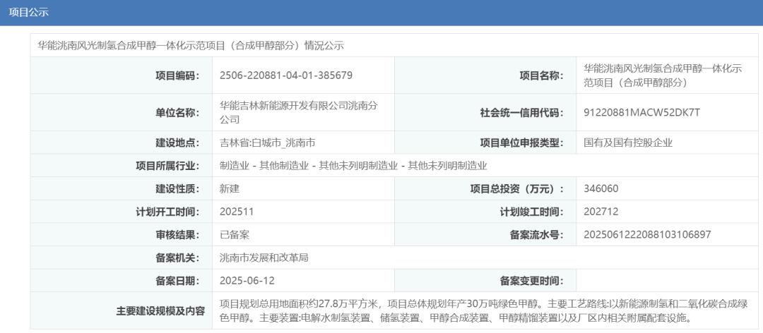 投资34.6亿元！华能洮南30万吨风光制氢合成甲醇项目获备案