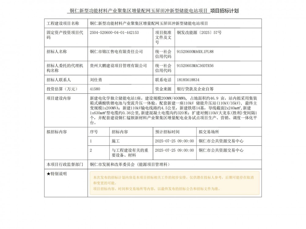 招标 | 贵州200MW/400MWh储能电站招标