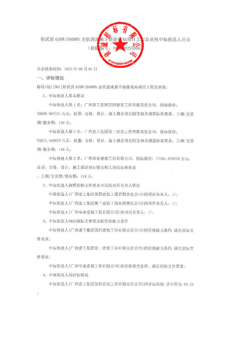 中标 | 2.887-2.976元/Wh！辽宁阜新65MW/260MWh全钒液流独立储能电站EPC中标候选人公示