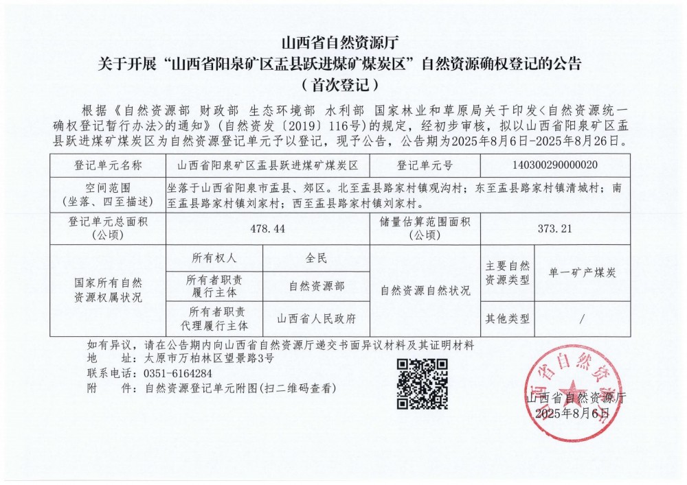 山西省自然资源厅关于开展“山西省阳泉矿区盂县跃进煤矿煤炭区”自然资源确权登记的公告（首次登记）