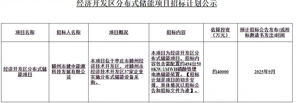 约0.81元/Wh！山东247MW/494MWh分布式储能招标