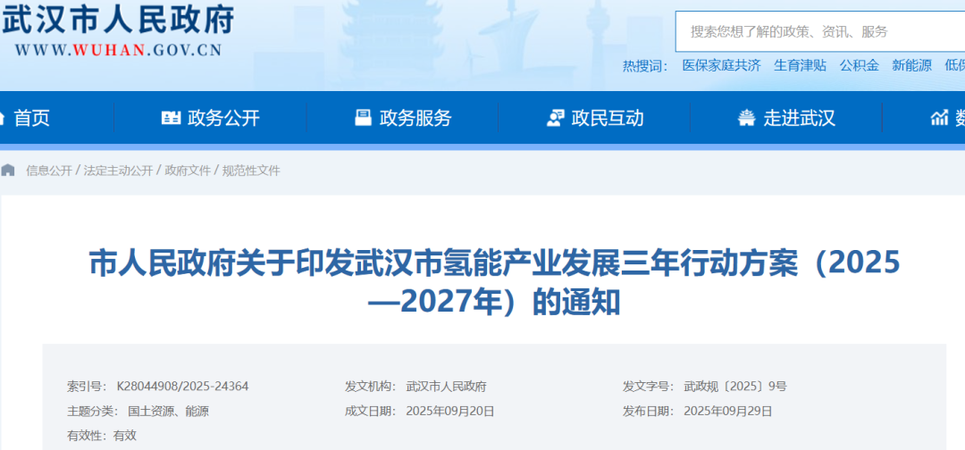 市人民政府关于印发武汉市氢能产业发展三年行动方案（2025—2027年）的通知