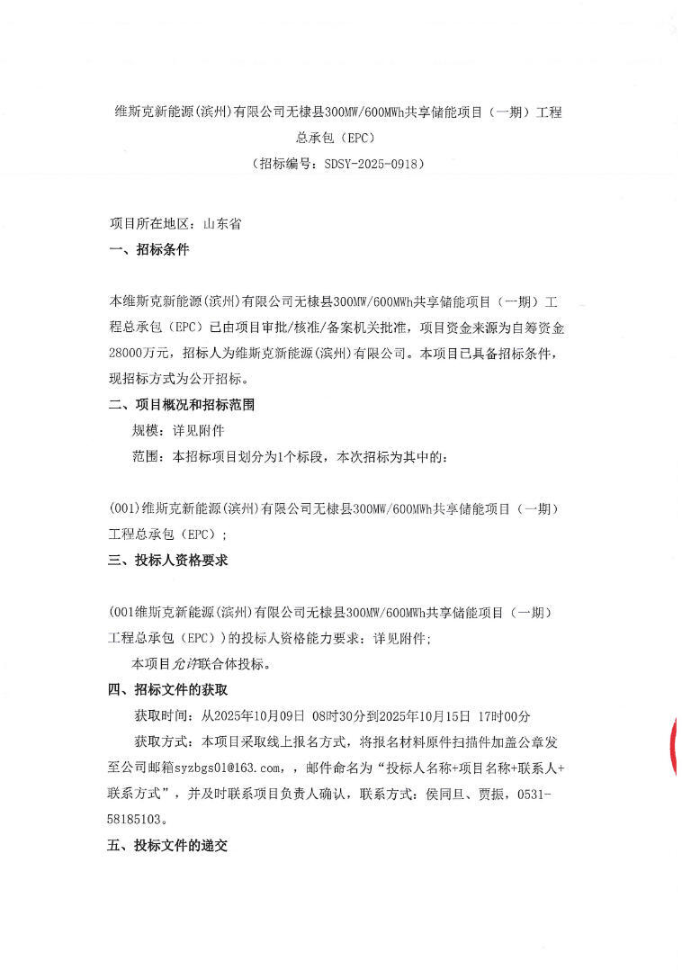 招标 | 磷酸铁锂+全钒液流！山东无棣县100MW/200MWh共享储能项目EPC招标