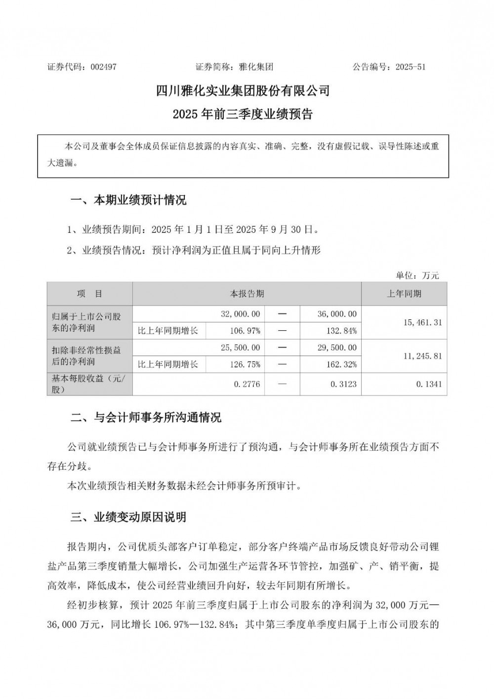 锂盐产品销量大幅增长！雅化集团第三季度净利润同比预增251.37%至327.66%