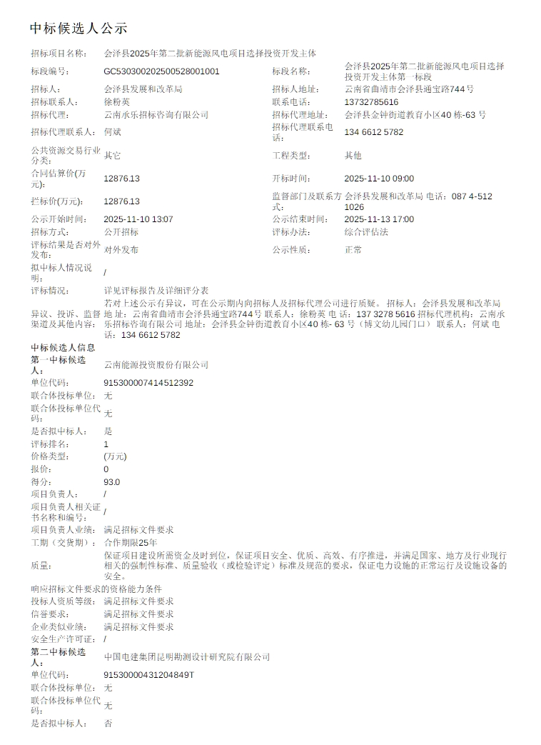 国家电投、云南能投预中标！云南110.7MW风电项目中标候选公示