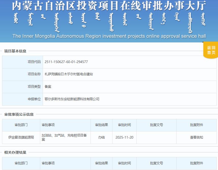 总投资2000万元！内蒙古札萨克镇哈日木乎尔村氢电合建站获备案