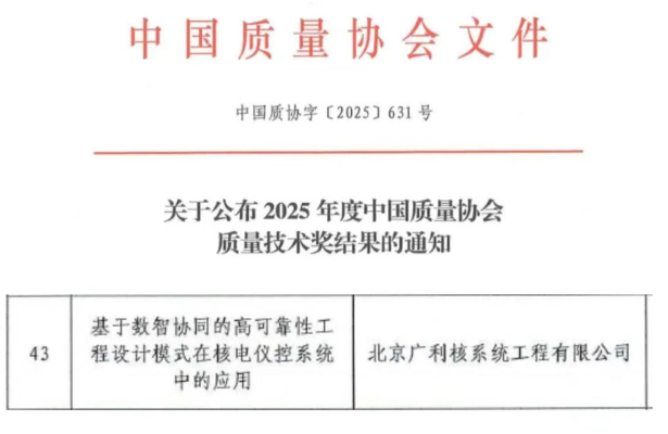 广利核公司荣获中国质量协会质量技术奖