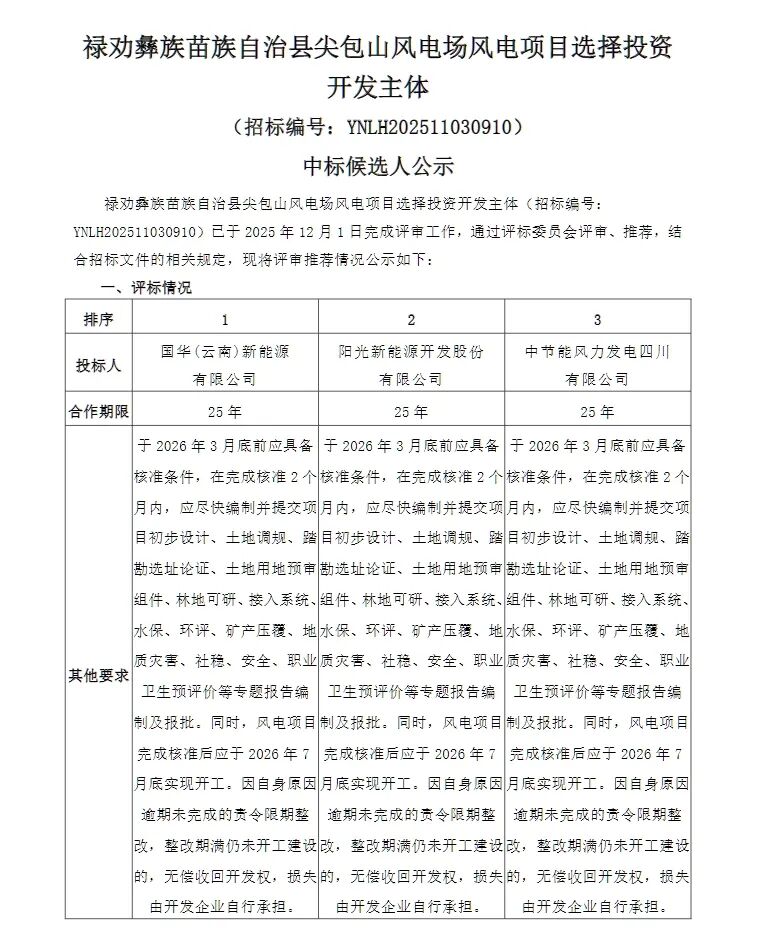 国家能源集团预中标！云南78.5MW风电项目投资主体公示