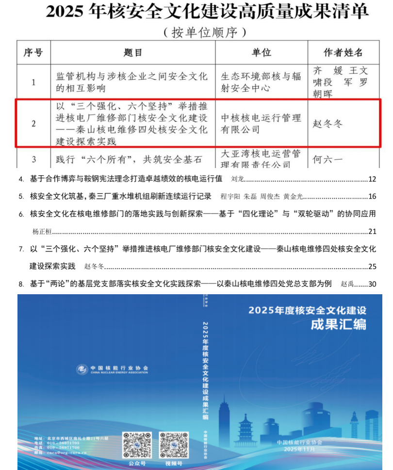 秦山核电部门核安全文化实践获评高质量成果