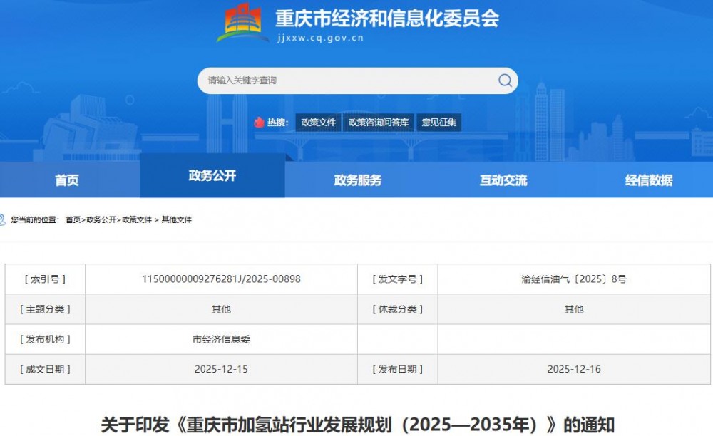 关于印发《重庆市加氢站行业发展规划（2025—2035年）》的通知