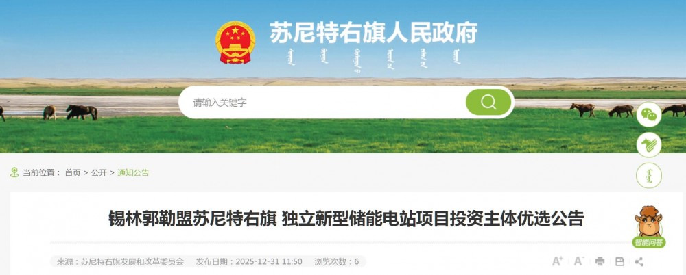 锡林郭勒盟苏尼特右旗独立新型储能电站项目投资主体优选公告