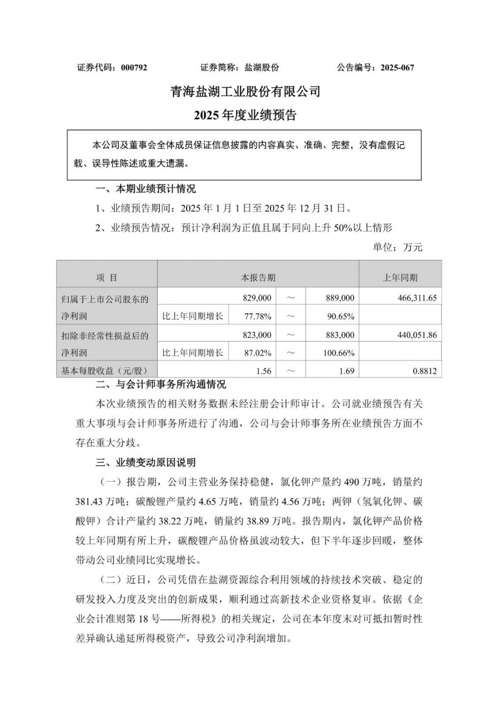 盐湖股份2025年净利润达82.9-88.9亿元，同比增长近90%！