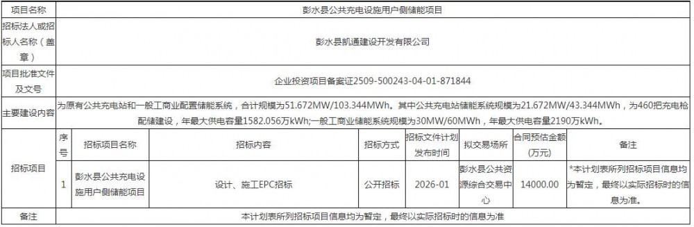 招标 | 30MW/60MWh！重庆市彭水县公共充电设施用户侧储能项目招标