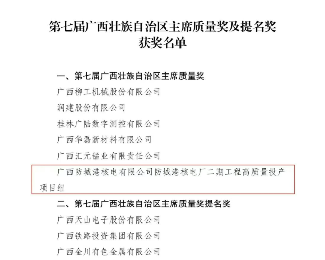 防城港核电再获广西主席质量奖