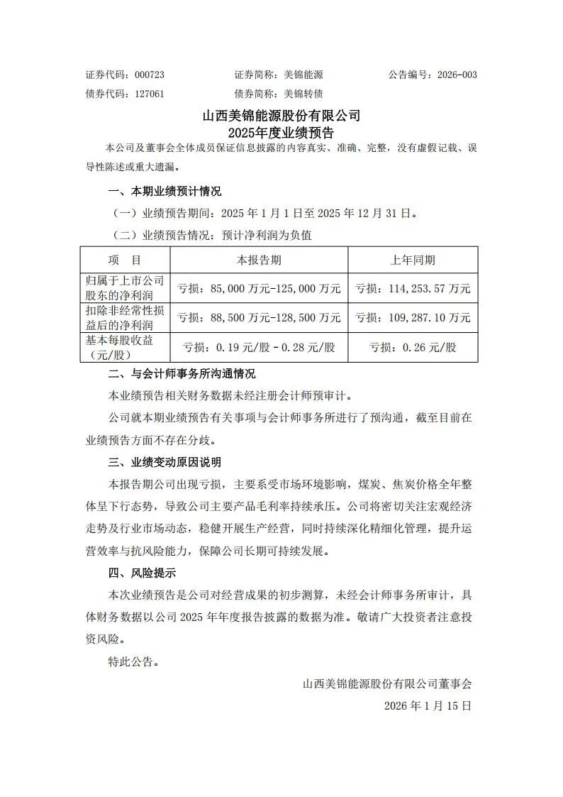 亏损8.5-12.5亿！美锦能源2025年度业绩预告