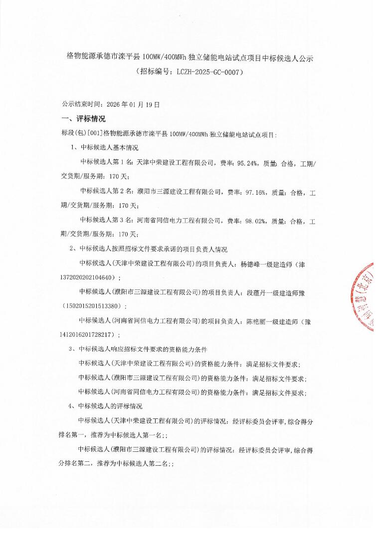 中标 | 河北承德市滦平县100MW/400MWh独立储能电站试点项目中标候选人公示
