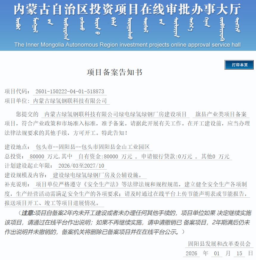 总投资8亿元！内蒙古绿电绿氢绿钢厂房建设项目获备案