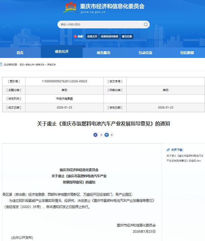 重庆一氢能政策正式废止！