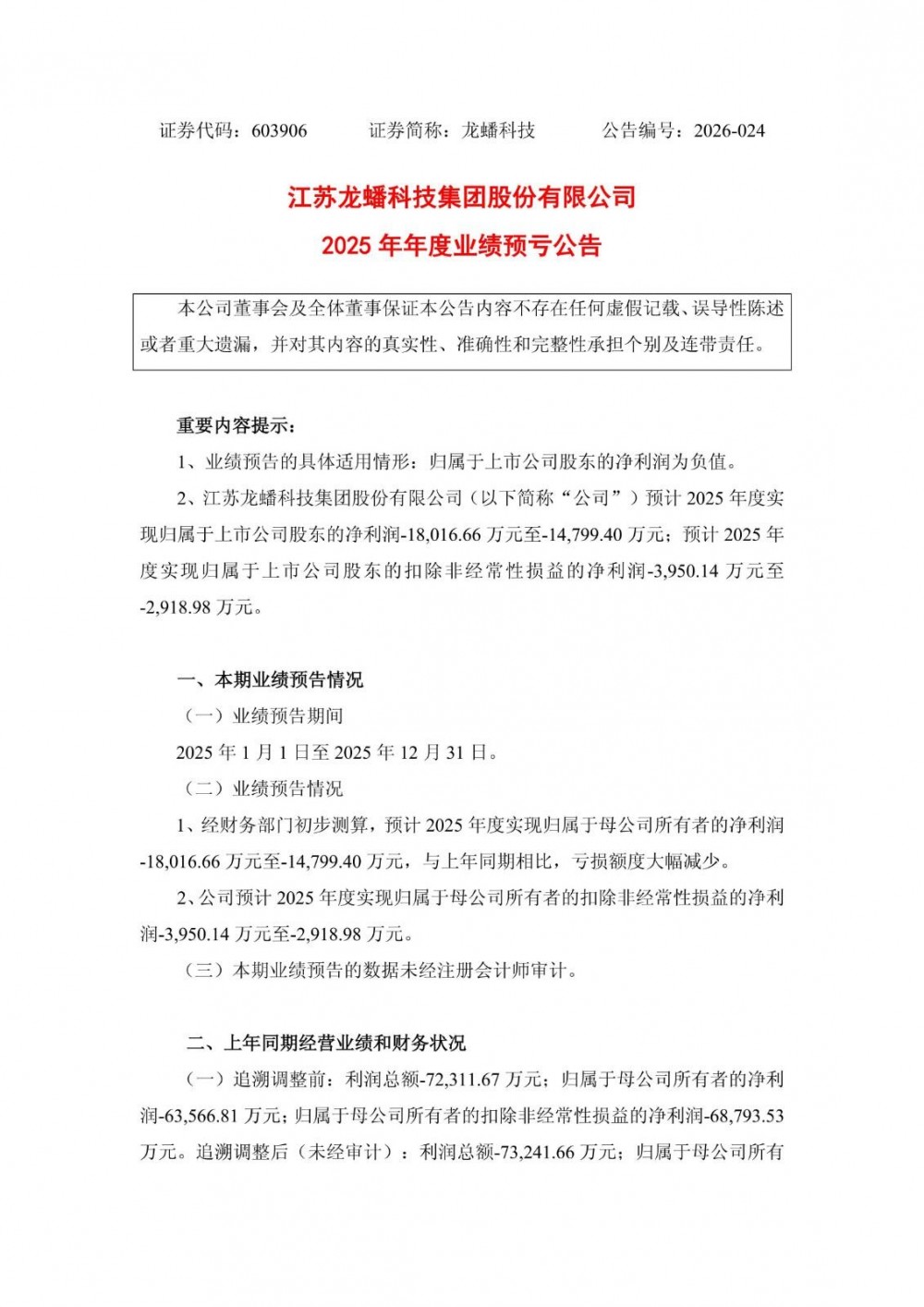 龙蟠科技2025年预亏1.48亿元—1.8亿元