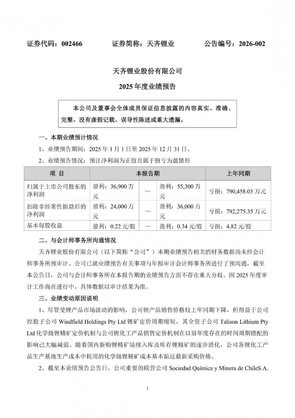 天齐锂业2025年将扭亏为盈，预计盈利3.69亿元—5.53亿元