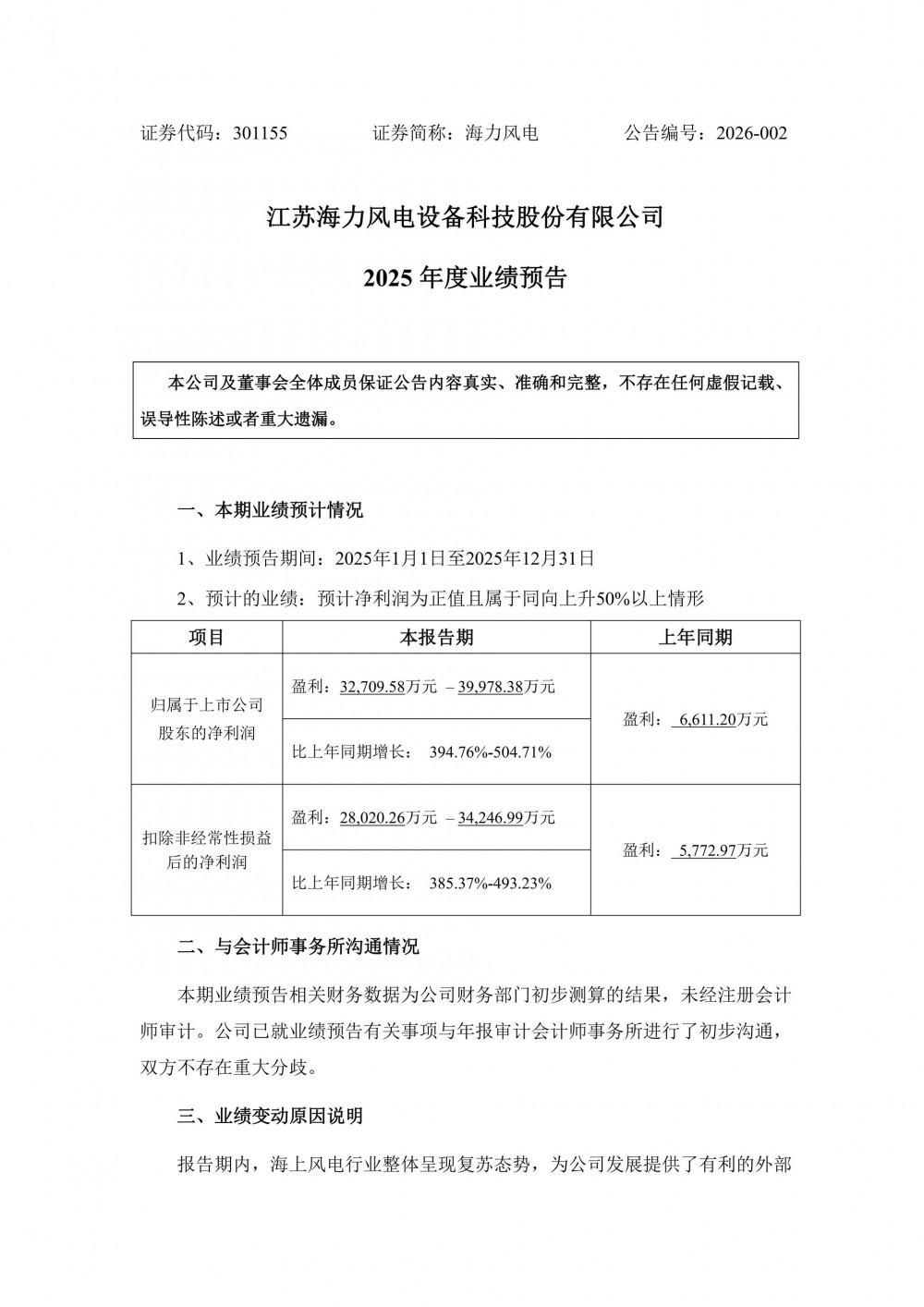 海力风电2025年度业绩预告发布，净利润暴增！