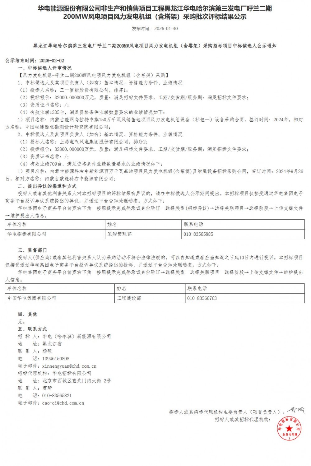 华电900MW风电项目中标候选人公示